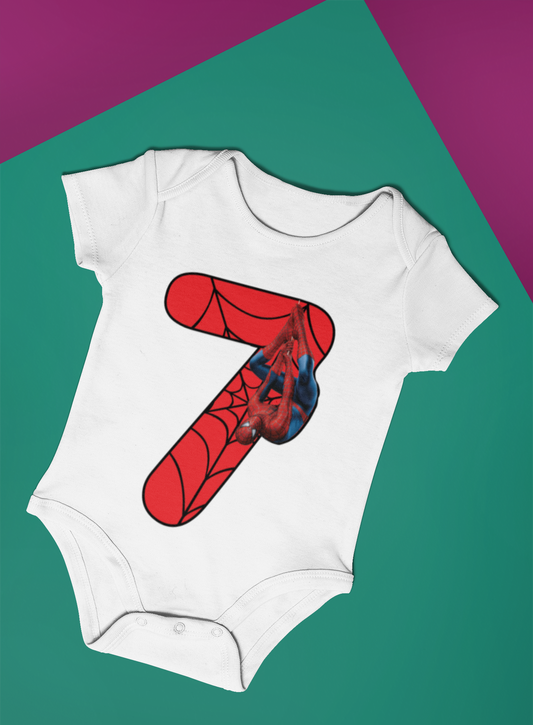 Spiderman Monthly milestone Seven month birthday unisex baby romper