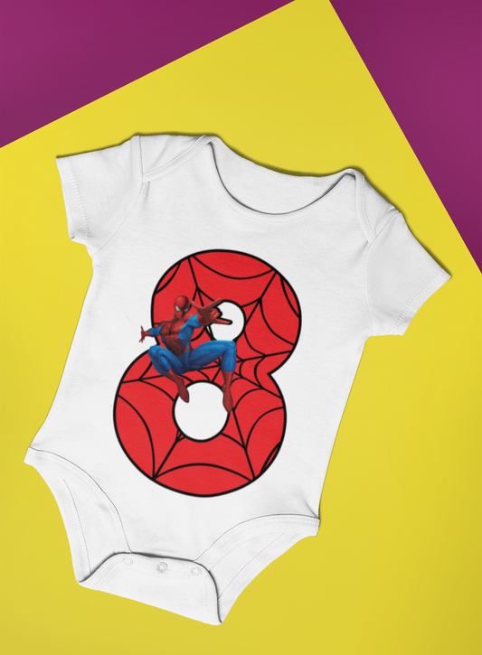 Spiderman Monthly milestone Eight month birthday unisex baby romper