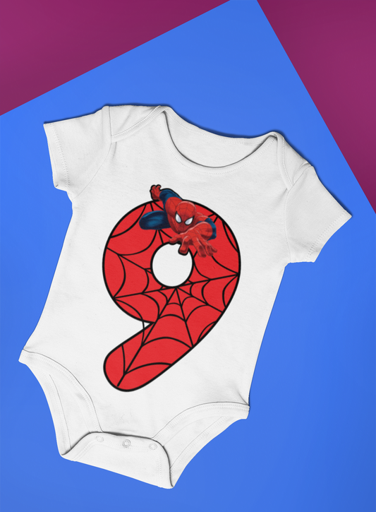 Spiderman Monthly milestone Nine month birthday unisex baby romper