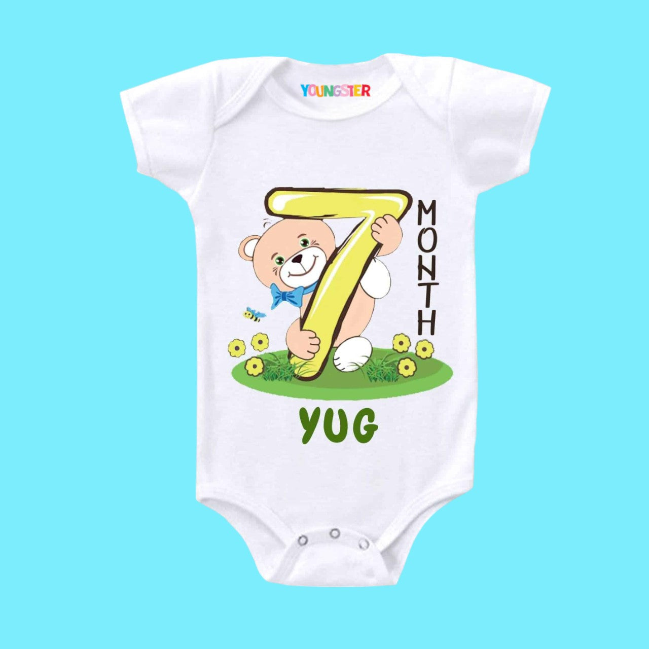 7 Months Monthly Milestone Birthday Teddy Unisex Cotton Baby Romper